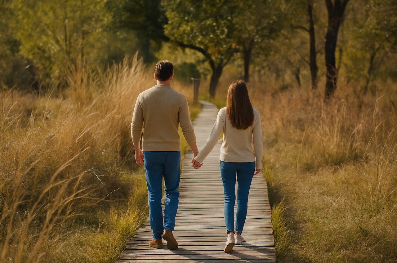 couple hand in hand on boardwalk