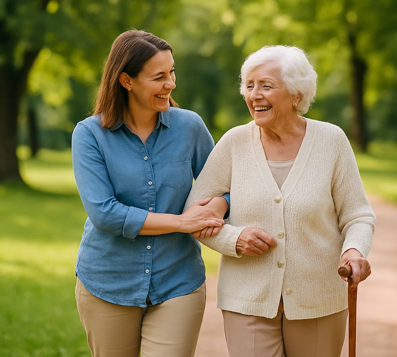 care manager and elderly lady in park